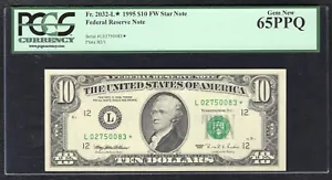 FR. 2032-L* 1995 $10 FW *STAR* FRN SAN FRANCISCO, CA PCGS GEM UNCIRCULATED-65PPQ - Picture 1 of 2