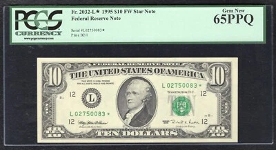 FR. 2032-L* 1995 $10 FW *STAR* FRN SAN FRANCISCO, CA PCGS GEM UNCIRCULATED-65PPQ - Image 1 of 2