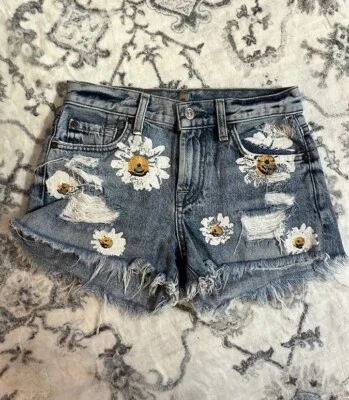 Pantalones Cortos 7 For All Mankind Talla Mediana Alta Azul Envejecido Pintado Margarita Corte Foto 1 de 4