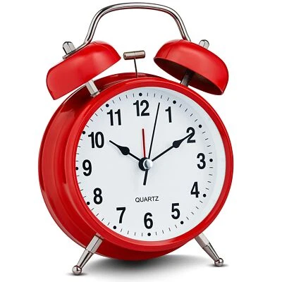 Bernhard Products Analog Alarm Clock 4" Twin Bell Vintage Red Silent Non-Tick... - Image 1 of 4