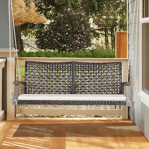 2-Seat Rattan Porch Swing Chair Outdoor Wicker Swing Bench W/ Seat Cushion Off - Picture 1 of 10
