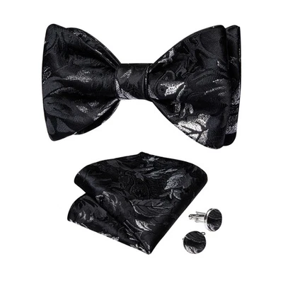 Mens Bowtie Selftied Black & Grey Bow Tie Set Wedding Event Hankie Cufflinks - Image 1 of 4