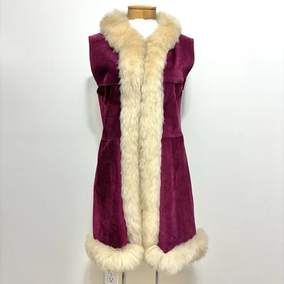 Vtg 60s 70s Penny Lane Maroon Suede & Lamb Shearling Vest Hippie Afghan Coat S - Image 1 of 4