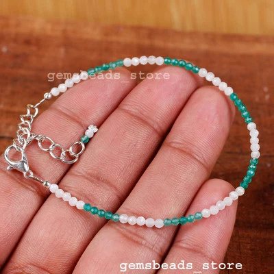 Bracciale in argento sterling 925 con onice verde e pietra di luna bianca... - Immagine 1 di 4