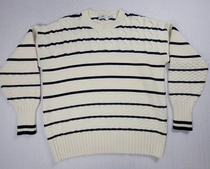 Vineyard Vines Crew Neck Cable Knit Sweater Wool Blend Ivory Blue Stripe Medium - Picture 1 of 9