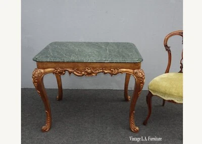 Vintage Large Ornate French Louis XVI Gold Leaf Side Table w Green Marble Top - Image 1 of 4