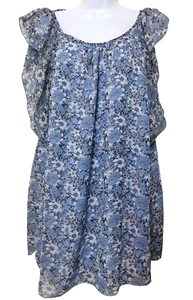 Suzanne Betro Floral Chiffon Top Plus 3X Lined Navy Cap Flutter-Sleeve Blouse - Picture 1 of 9