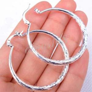 Women's Classic 925 Sterling Silver 1.5inch Medium-Size Round Hoop Earrings H904 - Picture 1 of 2