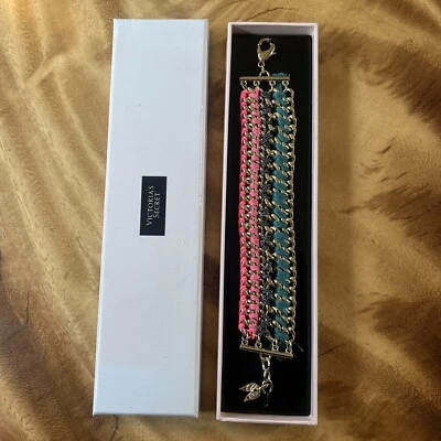 VICTORIA'S SECRET PINK/TEAL RIBBON WOVEN GOLD CHAIN BRACELET LIMITED EDITION 6" - Image 1 of 4