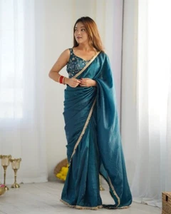 Premium Gold Crush Tissue Silk Pre-Draped Saree with Fancy Lace & Emb. Blouse - Picture 1 of 27