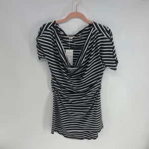 Meaneor Women's Black White Striped Cowl Neck Short Sleeve Blouse Medium NWT - Picture 1 of 4