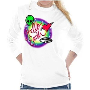 Airbrushed Alien UFO Hello Earth Love Heart Long Sleeve T Shirt Tees For Women - Picture 1 of 7