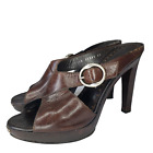 YSL YVES SAINT LAURENT Platform Mules Brown Leather Wood Clog Heels Size 40
