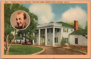 Postal de Hollywood, California "Hogar de Bing Crosby, Lago Toluca" lino sin usar - Imagen 1 de 2