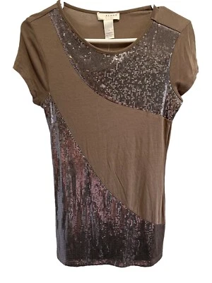 Ladies Size Small Brown Short Cap Sleeve Blouse Rayon Top With Sequins - Image 1 of 4