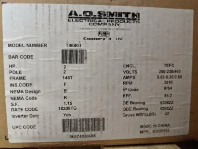 AO Smith T46003 Frame 2 HP 2 POLE 200 - 230/460 V 3510 RPM - Image 1 of 2