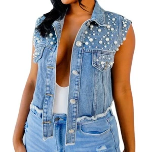 Dingzhu inlaid diamond denim vest jacket denim shawl for women - Picture 1 of 6