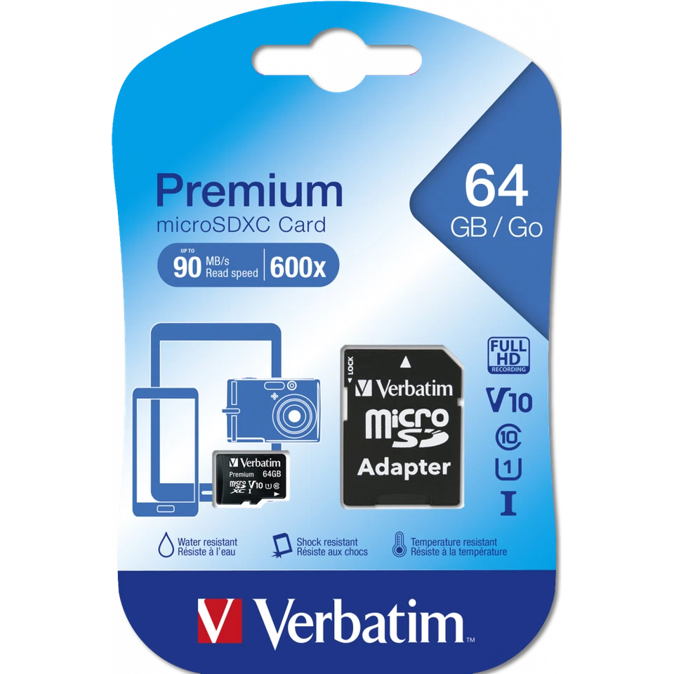 Verbatim MicroSD HC Schedina scheda memoria 64GB +adattatore CLASSE 10 UHS-1 V10 - Immagine 1 di 2