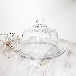 Vtg 6" French Brocante Clear Glass Cheese Dome Dish Farmhouse Country Fluted - Picture 1 of 19