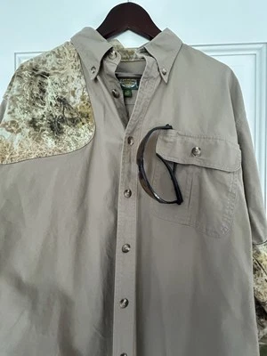 lot Cabelas Men L Shooting  Tan Camo LongSleeve Button Down shirt cotton glasses - Image 1 of 4