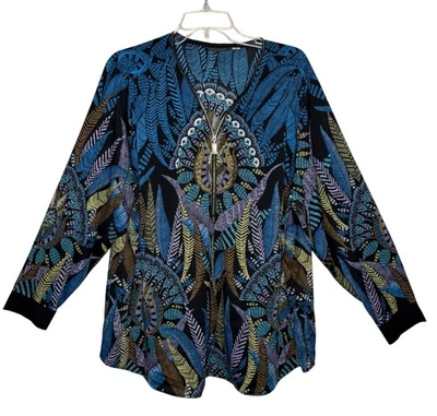 Bob Mackie 可穿戴艺术孔雀印花波普尔上衣加大尺寸 2X — 第 1/4 张图片