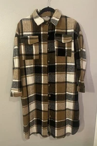 Flannel Shacket Women Brown Tan Plaid Long Size Medium Big Button - Bild 1 von 3