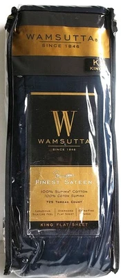 WAMSUTTA 725 Hilo SUPIMA Algodón AZUL MARINO Satén KING Sábana Plana, NUEVA Foto 1 de 3
