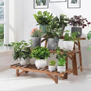 3 Ebenen Freistehendes Leiter Regal Holz Pflanzenständer Indoor Outdoor Pflanzenständer R - Bild 1 von 24