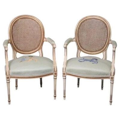Beautiful Pair of Cane Back French Louis XVI Needlepoint Armchairs - Image 1 of 4