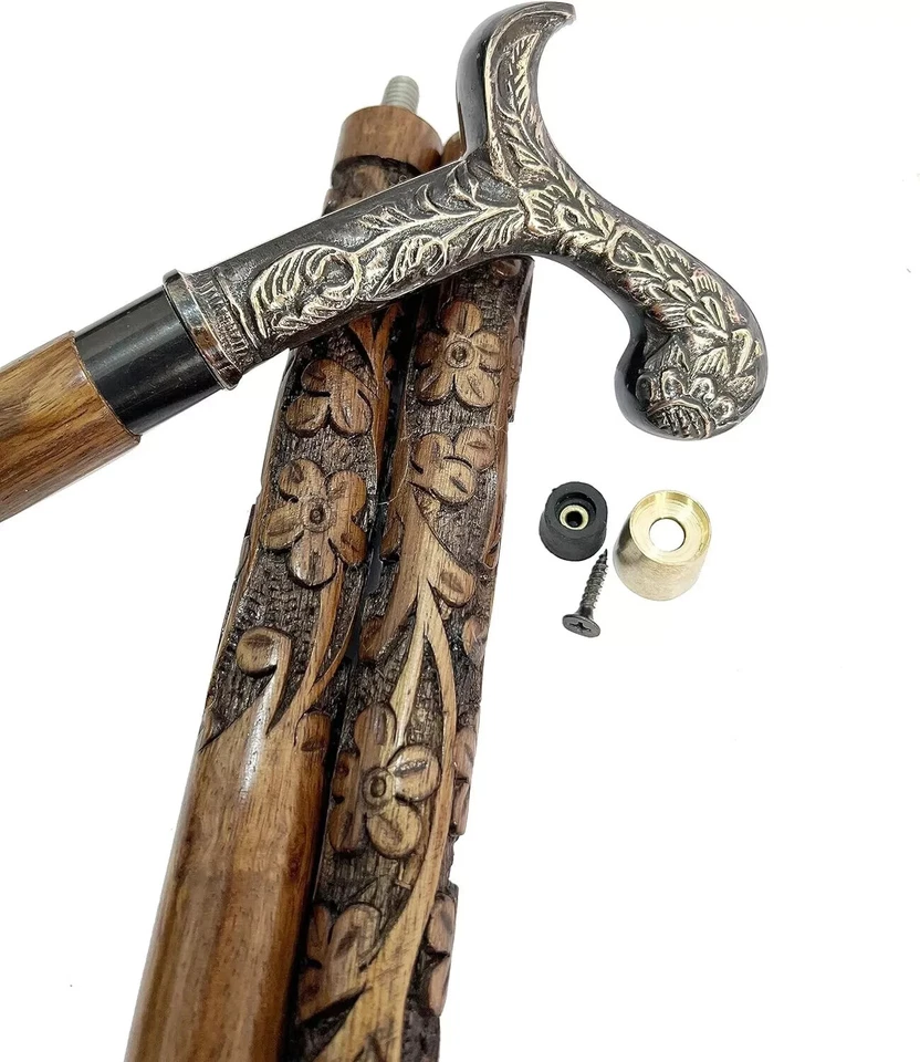 Brass Foldable Walking Stick Cane Wooden Brass Handle Gift for Men & Women - Image 1 of 4