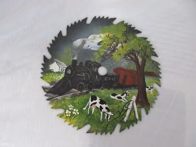 Hand Painted train / farm scene picture on an 8" saw blade - Image 1 of 4