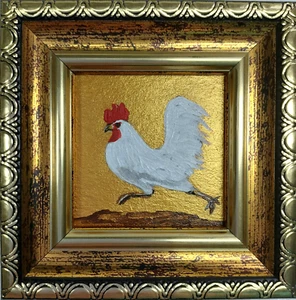 Pintura Gallo Blanco Original Pollo Negro Arte de Pared Pájaro Oro Obra de Arte Marco - Imagen 1 de 12