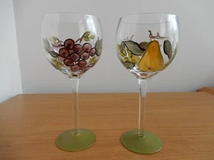 Unique, Studio Art Glass, Hand Painted Gin Glass Goblet Pair, Grapes & Pears - Picture 1 of 9