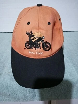 GGS Men's Cap Faded Orange "Born Free" Embroidered Moose On A Motorcycle Adjust. - Image 1 of 4