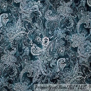 BonEful FABRIC FQ Cotton Quilt Navy Blue Dark White Flower Paisley Calico BOHO S - Picture 1 of 7