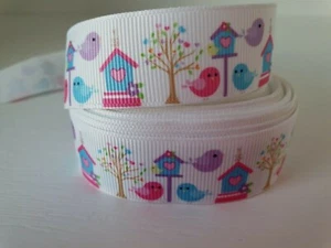 BIRD HOUSE HEARTS 22mm 7/8" Grosgrain Ribbon By Metre Hair Bow Sewing DIY Craft - Picture 1 of 2