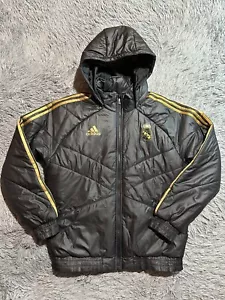 Adidas Real Madrid Stadium Winter Puffer Vintage Jacket Black Gold Men Size M - Picture 1 of 7