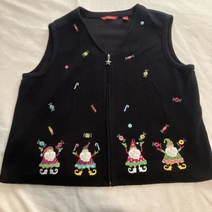 Chaleco Merry and Bright X-large Cremallera Completa Negro Con Gnomos Bordados y Caramelos - Imagen 1 de 10