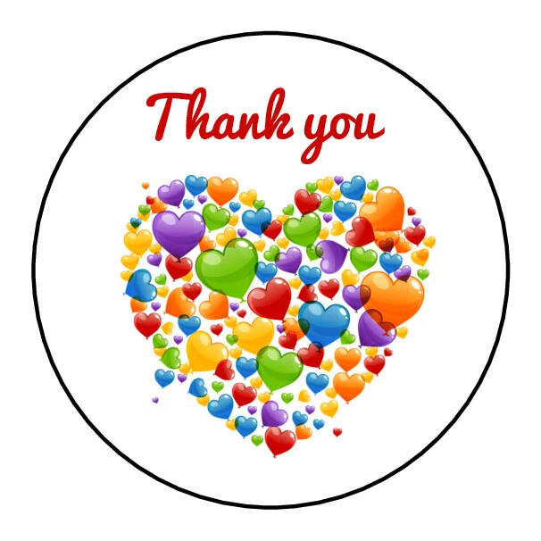 Thank You Birthday Colourful Heart Stickers Labels Sweet Cones Gifts Seals - Image 1 of 1