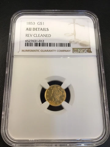 1853 US $1 One Dollar Liberty Head GOLD Coin NGC Graded AU Details Almost UNC Cover
