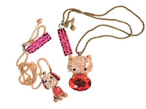 Betsey Johnson Red Floppy Ears Puppy & Cat Face Necklace with Large Red Crystal - Picture 1 of 11