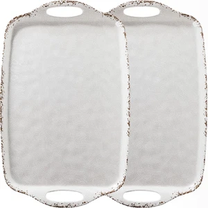 Farmhouse Melamine Serving Trays Set of 2 | 19"x12" Ivory Platters w/Handles - Picture 1 of 11