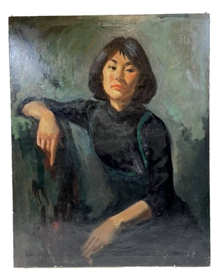 RETRATO DE MUJER ASIÁTICA MODERNISTA DON SHREVES PINTURA AL ÓLEO VINTAGE MEDIADOS DE SIGLO Foto 1 de 4