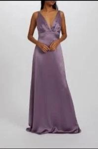 Amsale Bridesmaid Satin Violet Maxi Slip Dress Livia GB227S Spaghetti Strap 12 - Picture 1 of 9