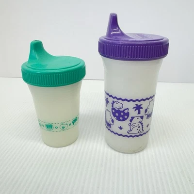 Lote de 2 tazas Playtex Sippy dinosaurio verde púrpura con 1 válvula años 90 Foto 1 de 4