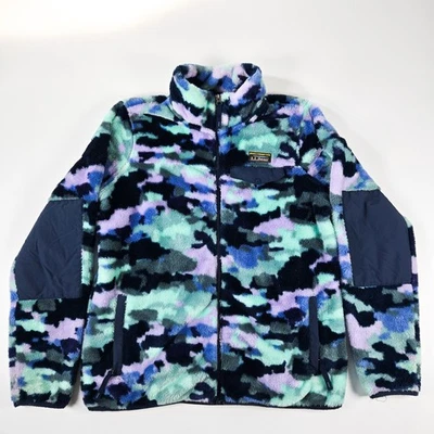 LL Bean Mujer Pequeña S Camuflada Cremallera Completa Chaqueta Polar Hi Pile Rosa Azul Parche en el Codo Foto 1 de 4