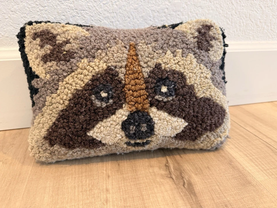 Raccoon Hand Hooked Wool Decorative Pillow  - Image 1 of 3