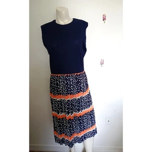 Vintage AVALON Navy Blue Ribbed Knit Bodice Dress 18 Polka Dots Sleeveless - Picture 1 of 7
