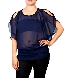 Blusa de hombro azul marino transparente Peek a boo con cintura elástica. Pequeño mediano y grande - Imagen 1 de 2