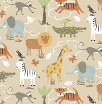 50cm Dekostoff 100% BIO Baumwolle Zootiere Giraffe Löwe Kroko Tiger Affe Palme - Bild 1 von 2